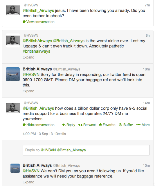Twitter message British Airways
